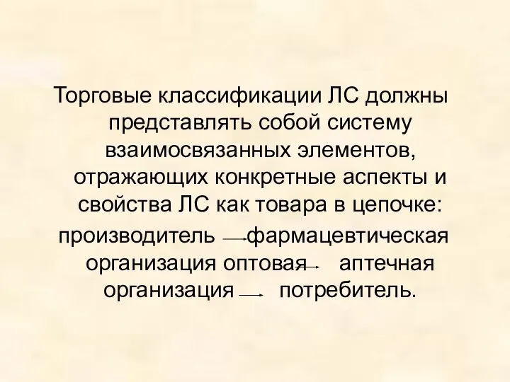 Торговые классификации ЛС должны представлять собой систему взаимосвязанных элементов, отражающих конкретные