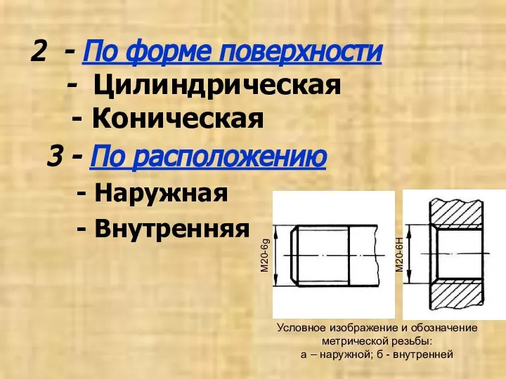 2 - По форме поверхности - Цилиндрическая - Коническая 3 -