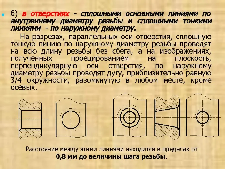 б) в отверстиях - сплошными основными линиями по внутреннему диаметру резьбы