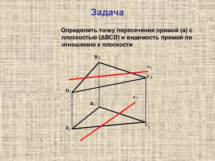 Задача Определить точку пересечения прямой (а) с плоскостью (ΔВСD) и видимость прямой по отношению к плоскости