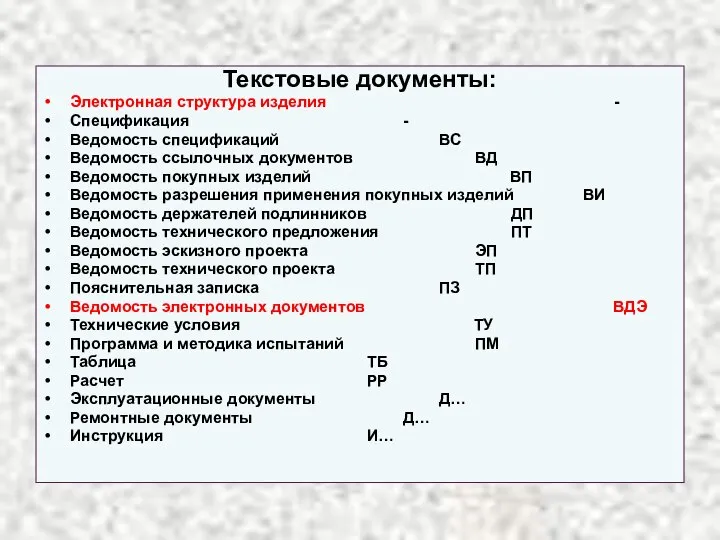 Текстовые документы: Электронная структура изделия - Спецификация - Ведомость спецификаций ВС