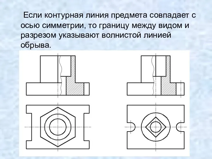 Если контурная линия предмета совпадает с осью симметрии, то границу между