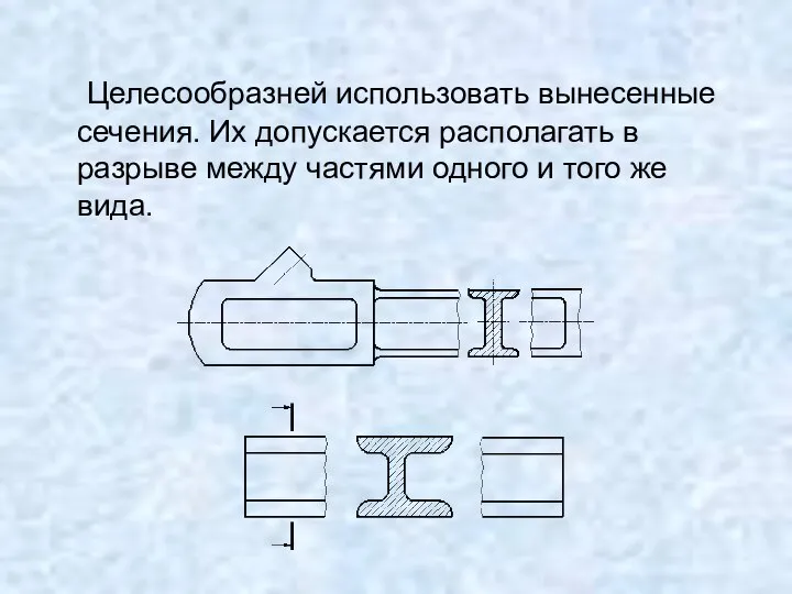 Целесообразней использовать вынесенные сечения. Их допускается располагать в разрыве между частями одного и того же вида.