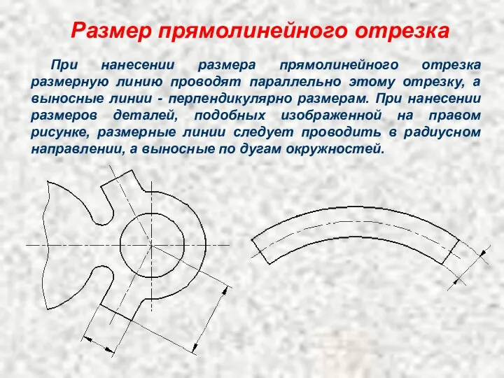 При нанесении размера прямолинейного отрезка размерную линию проводят параллельно этому отрезку,