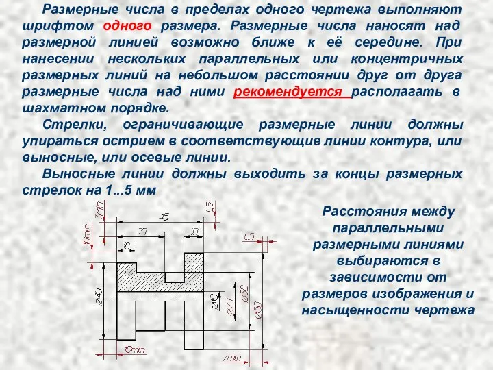 Размерные числа в пределах одного чертежа выполняют шрифтом одного размера. Размерные