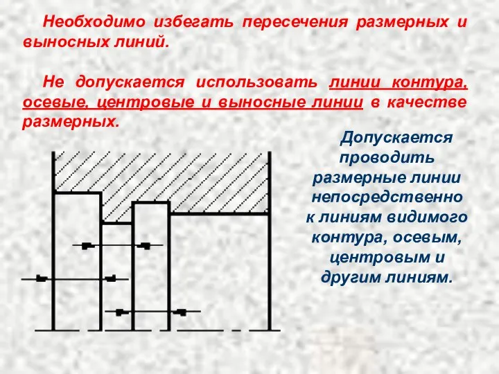 Необходимо избегать пересечения размерных и выносных линий. Не допускается использовать линии