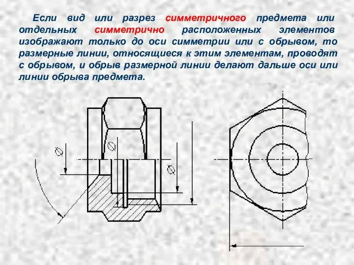 Если вид или разрез симметричного предмета или отдельных симметрично расположенных элементов