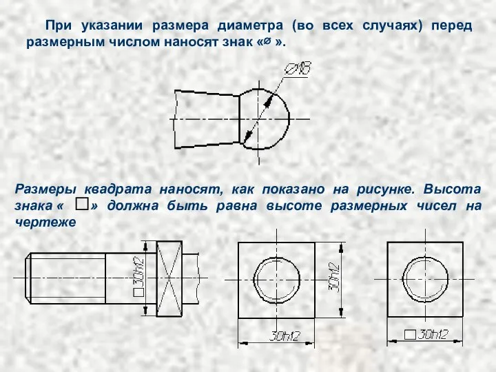 При указании размера диаметра (во всех случаях) перед размерным числом наносят