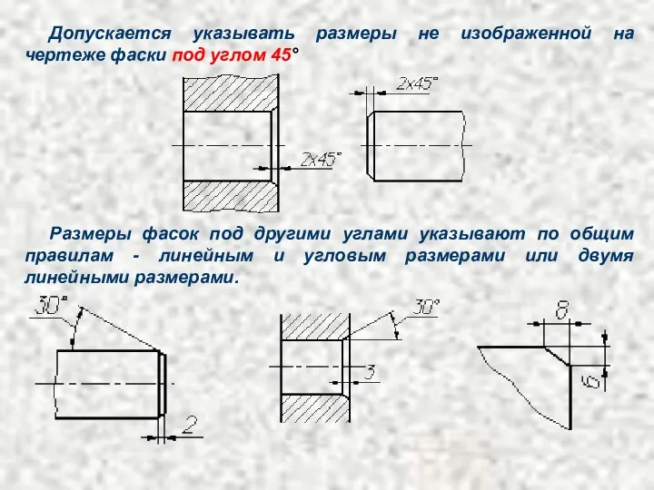 Допускается указывать размеры не изображенной на чертеже фаски под углом 45°