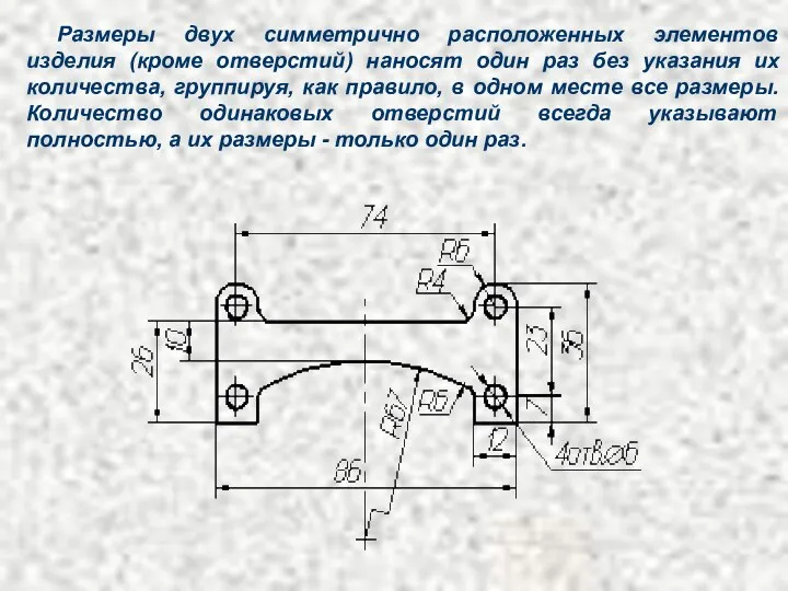 Размеры двух симметрично расположенных элементов изделия (кроме отверстий) наносят один раз