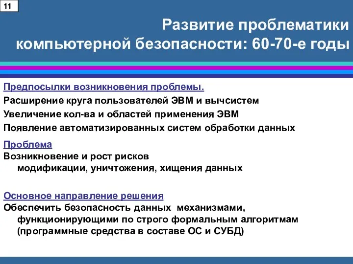 Развитие проблематики компьютерной безопасности: 60-70-е годы Предпосылки возникновения проблемы. Расширение круга