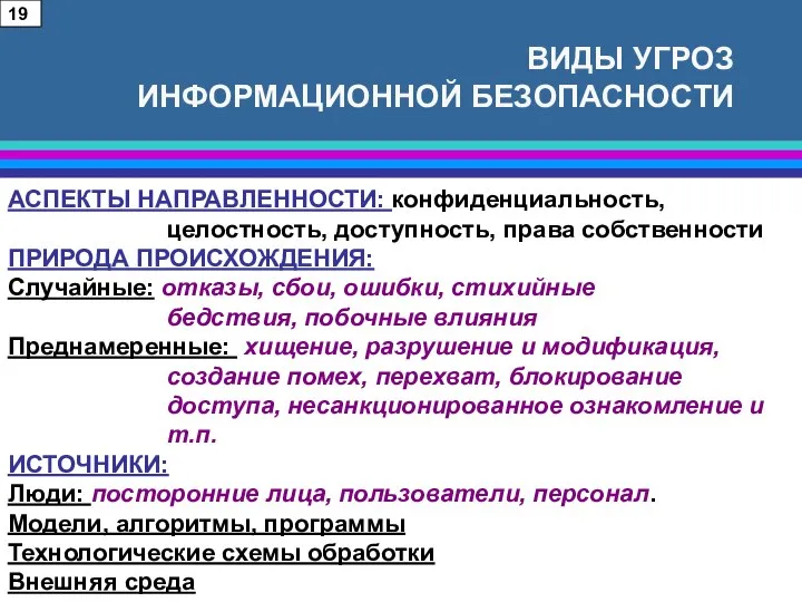 ВИДЫ УГРОЗ ИНФОРМАЦИОННОЙ БЕЗОПАСНОСТИ АСПЕКТЫ НАПРАВЛЕННОСТИ: конфиденциальность, целостность, доступность, права собственности