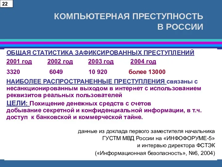 КОМПЬЮТЕРНАЯ ПРЕСТУПНОСТЬ В РОССИИ 22 ОБЩАЯ СТАТИСТИКА ЗАФИКСИРОВАННЫХ ПРЕСТУПЛЕНИЙ 2001 год