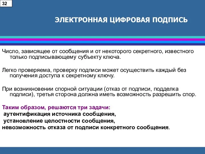 ЭЛЕКТРОННАЯ ЦИФРОВАЯ ПОДПИСЬ Число, зависящее от сообщения и от некоторого секретного,