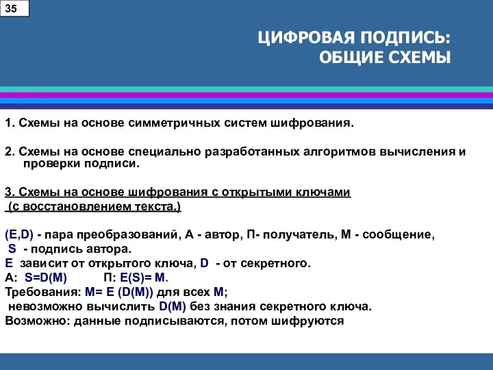 ЦИФРОВАЯ ПОДПИСЬ: ОБЩИЕ СХЕМЫ 1. Схемы на основе симметричных систем шифрования.