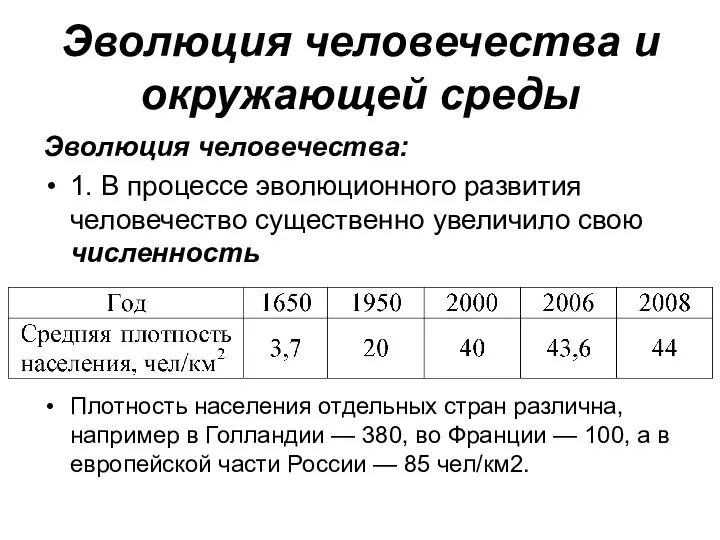 Эволюция человечества и окружающей среды Эволюция человечества: 1. В процессе эволюционного