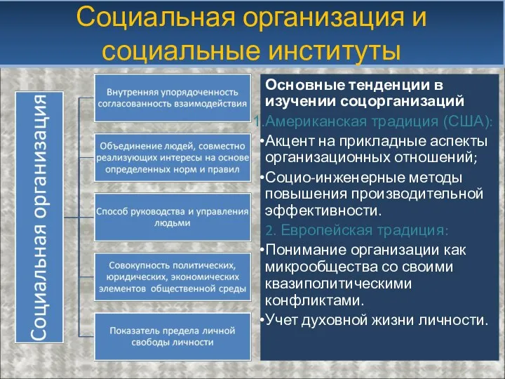 Социальная организация и социальные институты Основные тенденции в изучении соцорганизаций Американская