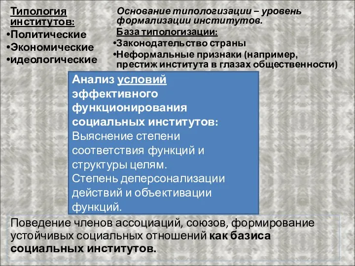 Типология институтов: Политические Экономические идеологические Поведение членов ассоциаций, союзов, формирование устойчивых