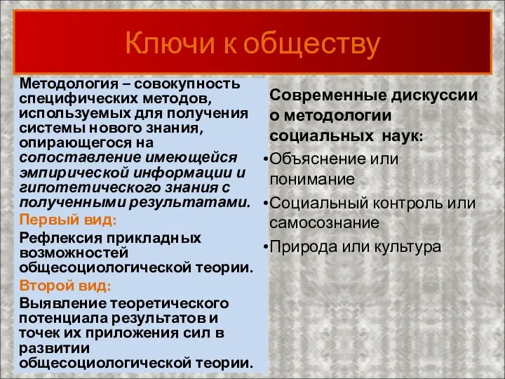 Ключи к обществу Методология – совокупность специфических методов, используемых для получения