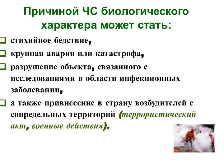 Причиной ЧС биологического характера может стать: стихийное бедствие, крупная авария или