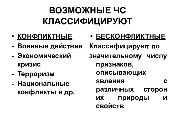 ВОЗМОЖНЫЕ ЧС КЛАССИФИЦИРУЮТ КОНФЛИКТНЫЕ Военные действия Экономический кризис Терроризм Национальные конфликты