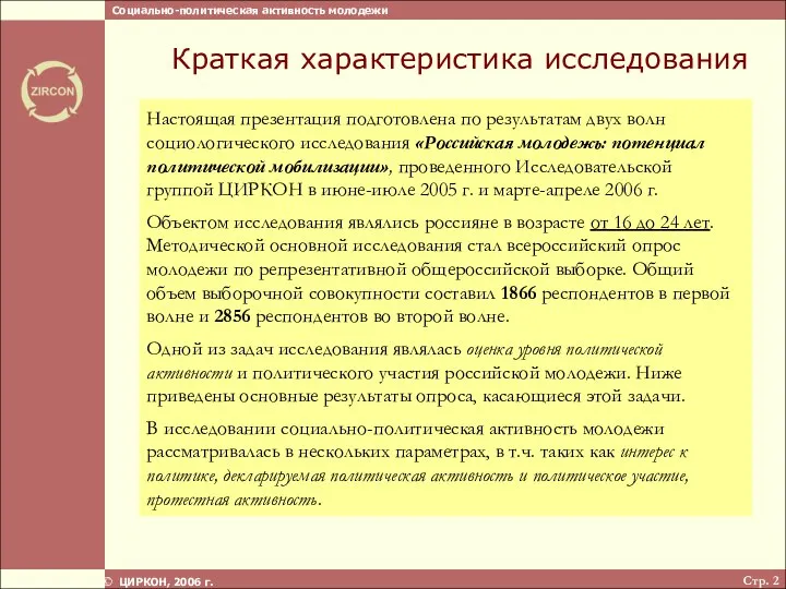 Стр. ЦИРКОН, 2006 г. Краткая характеристика исследования Социально-политическая активность молодежи Настоящая