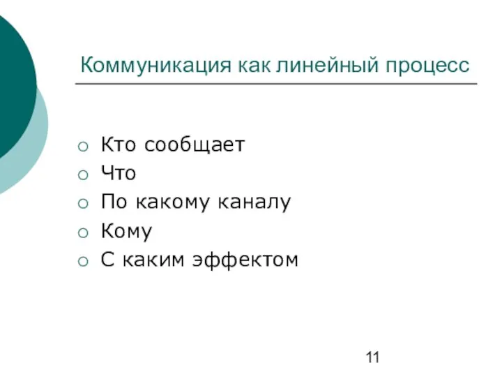 Коммуникация как линейный процесс Кто сообщает Что По какому каналу Кому С каким эффектом