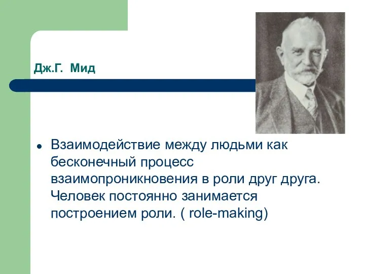 Дж.Г. Мид Взаимодействие между людьми как бесконечный процесс взаимопроникновения в роли