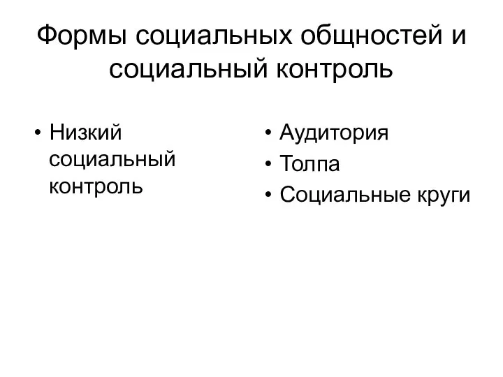 Формы социальных общностей и социальный контроль Низкий социальный контроль Аудитория Толпа Социальные круги