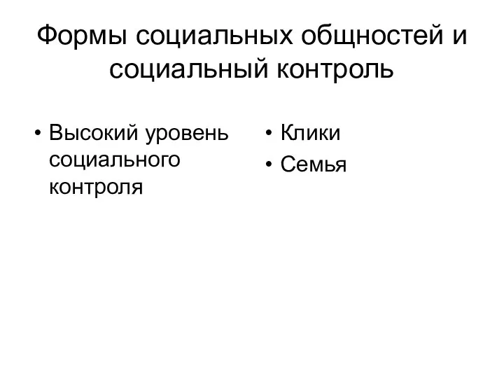 Формы социальных общностей и социальный контроль Высокий уровень социального контроля Клики Семья