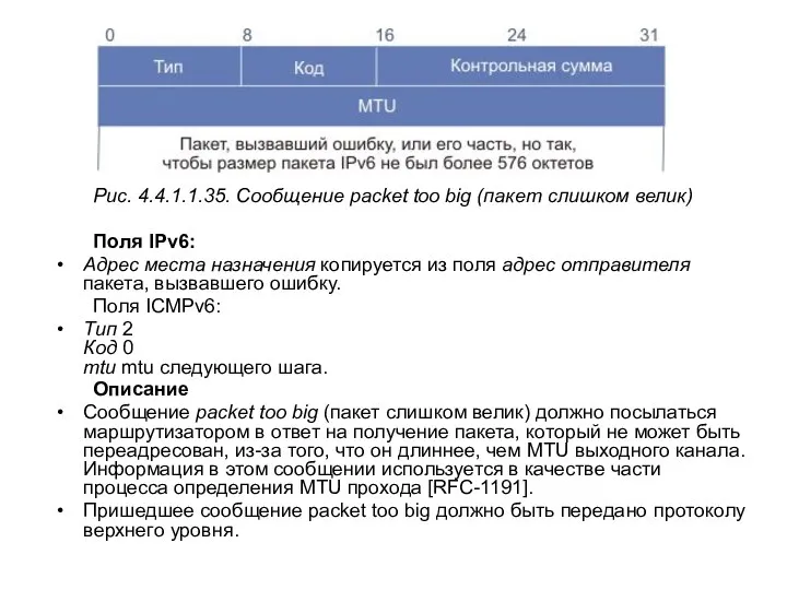 Рис. 4.4.1.1.35. Сообщение packet too big (пакет слишком велик) Поля IPv6: