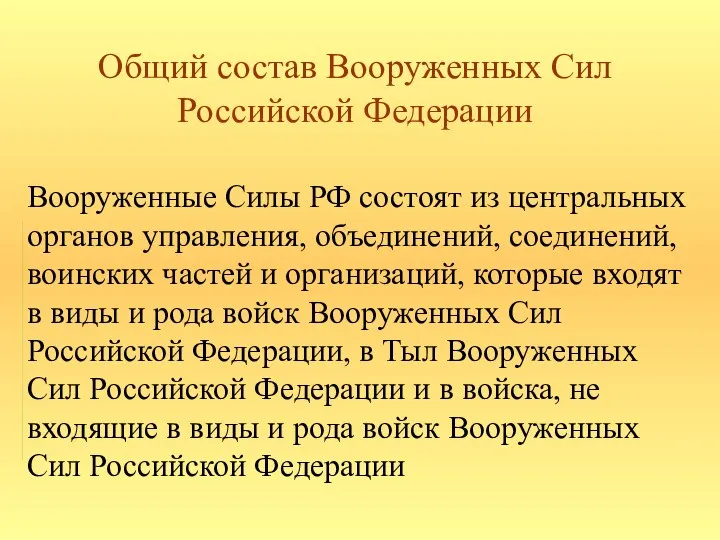 Общий состав Вооруженных Сил Российской Федерации Вооруженные Силы РФ состоят из