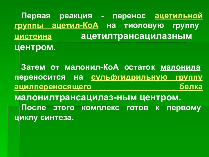 Первая реакция - перенос ацетильной группы ацетил-КоА на тиоловую группу цистеина