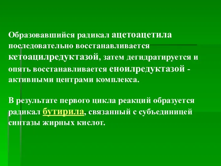 Образовавшийся радикал ацетоацетила последовательно восстанавливается кетоацилредуктазой, затем дегидратируется и опять восстанавливается