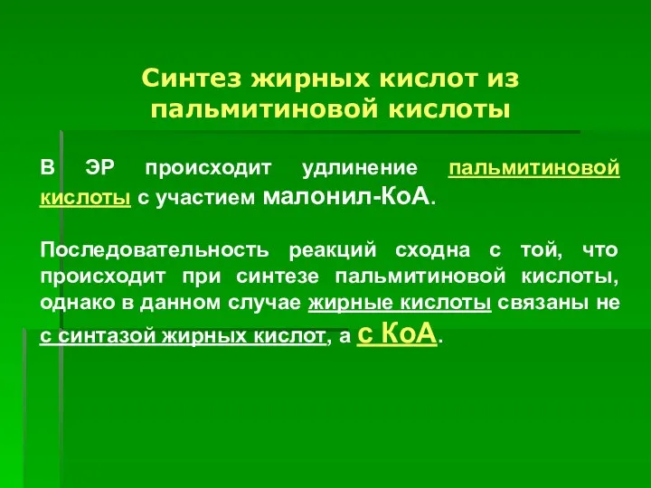 Синтез жирных кислот из пальмитиновой кислоты В ЭР происходит удлинение пальмитиновой