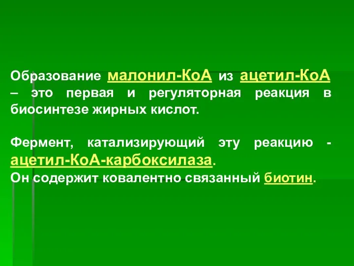 Образование малонил-КоА из ацетил-КоА – это первая и регуляторная реакция в