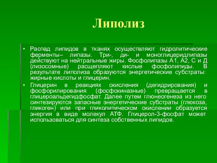 Липолиз Распад липидов в тканях осуществляют гидролитические ферменты– липазы. Три-, ди-