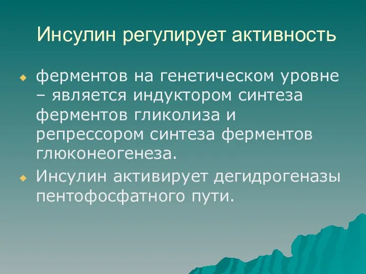 Инсулин регулирует активность ферментов на генетическом уровне – является индуктором синтеза