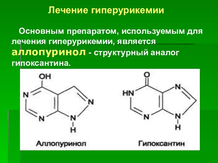 Лечение гиперурикемии Основным препаратом, используемым для лечения гиперурикемии, является аллопуринол - структурный аналог гипоксантина.