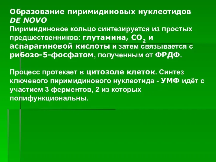 Образование пиримидиновых нуклеотидов DE NOVO Пиримидиновое кольцо синтезируется из простых предшественников: