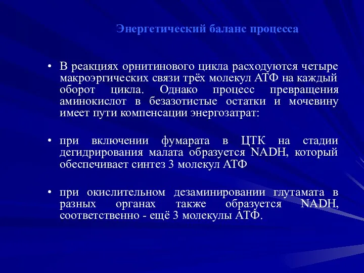 Энергетический баланс процесса В реакциях орнитинового цикла расходуются четыре макроэргических связи