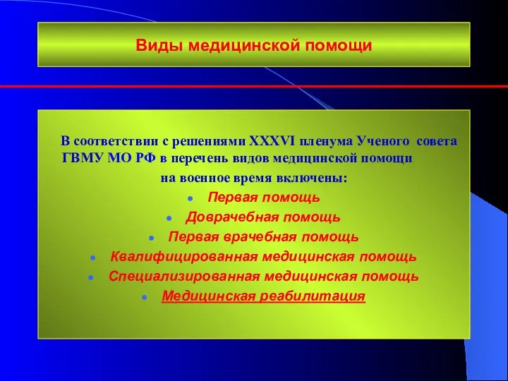 Виды медицинской помощи В соответствии с решениями XXXVI пленума Ученого совета