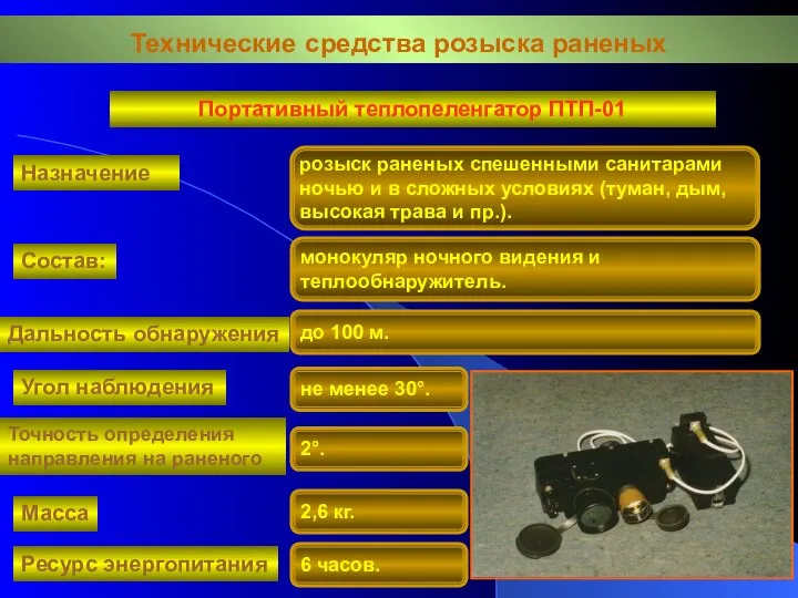 Технические средства розыска раненых Назначение Ресурс энергопитания Масса Точность определения направления