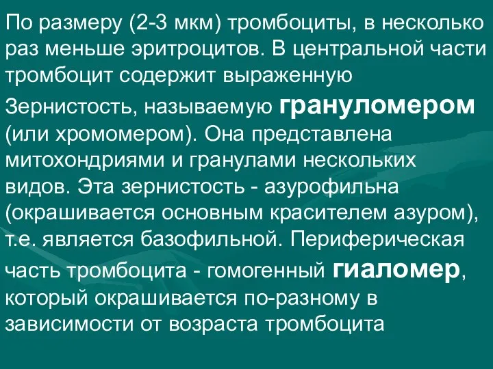 По размеру (2-3 мкм) тромбоциты, в несколько раз меньше эритроцитов. В