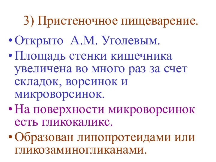 3) Пристеночное пищеварение. Открыто А.М. Уголевым. Площадь стенки кишечника увеличена во