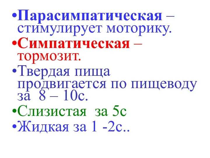 Парасимпатическая – стимулирует моторику. Симпатическая – тормозит. Твердая пища продвигается по