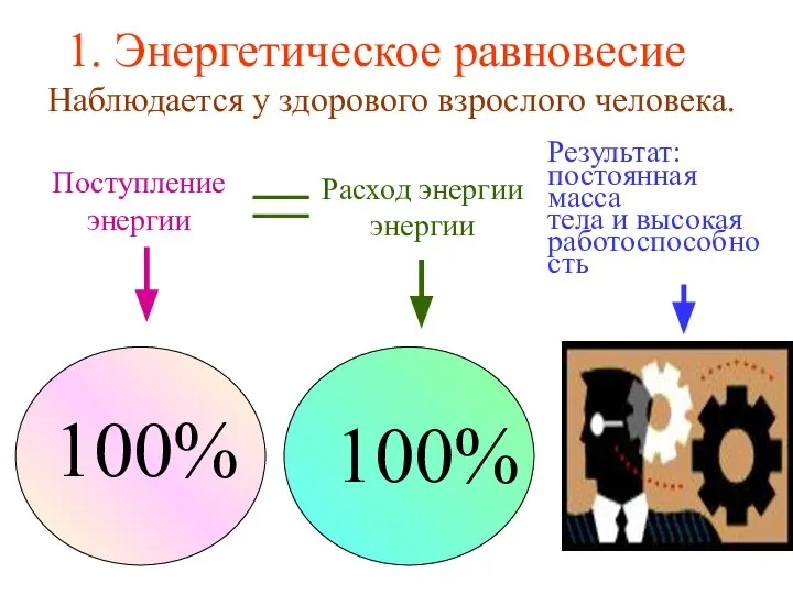 1. Энергетическое равновесие Наблюдается у здорового взрослого человека. Поступление энергии Расход