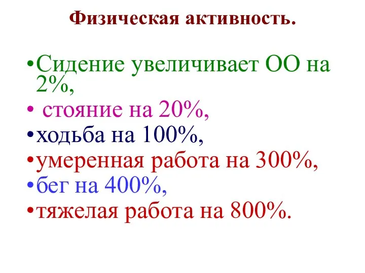 Физическая активность. Сидение увеличивает ОО на 2%, стояние на 20%, ходьба