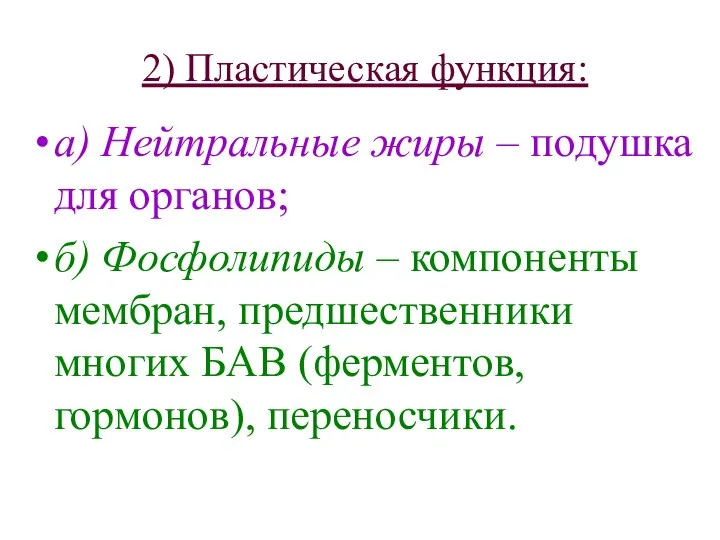 2) Пластическая функция: а) Нейтральные жиры – подушка для органов; б)