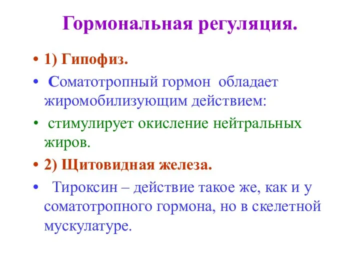 Гормональная регуляция. 1) Гипофиз. Соматотропный гормон обладает жиромобилизующим действием: стимулирует окисление